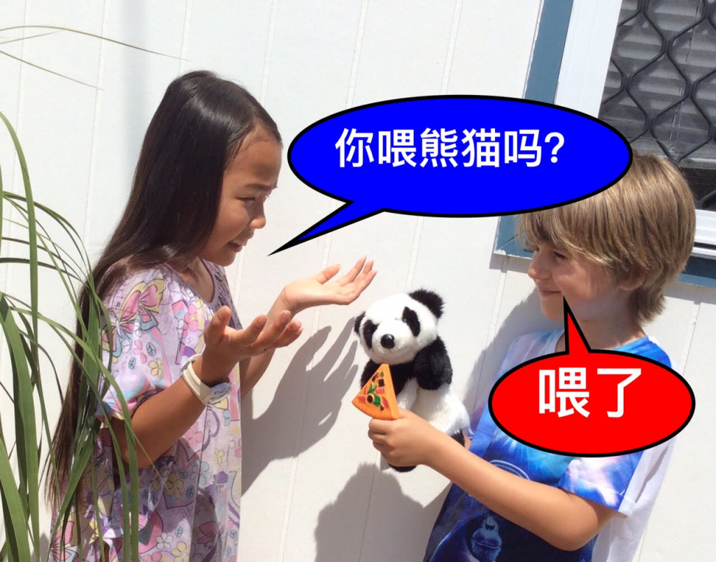 你喂熊猫吗？ 喂了 (Nǐ wèi xióng māo ma? wèi le). 'Did you feed the Panda? Yes I fed it'.
